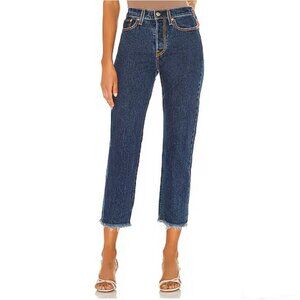 Levi’s Wedgie Straight Leg Dark Wash Blue Jeans Button‎ Fly Raw Hem Pink Size 27